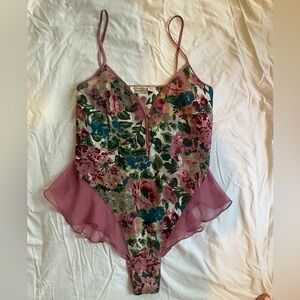 Vintage (Gold Label) Victoria's Secret Floral Bodysuit with Pink Trim